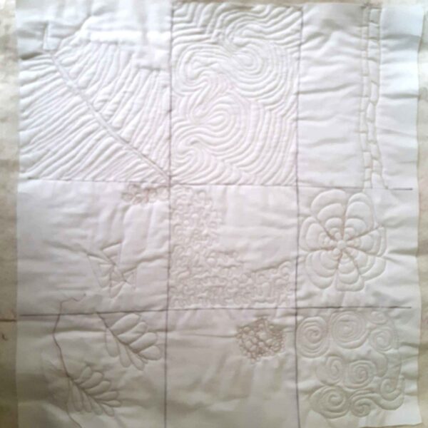 free motion quilting sample with 9 boxes, each with a different style