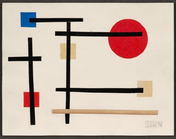painting by Loló Soldevilla comprising blue , beige and red squares, red circle and intersecting black and beige wide lines.